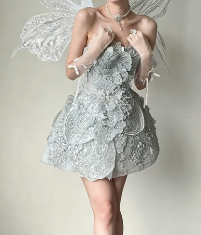 Glittering Strapless Silver Homecoming Dress Beaded A-Line Birthday Dress GG6432