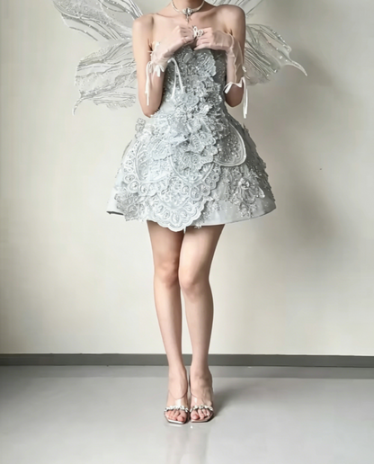 Glittering Strapless Silver Homecoming Dress Beaded A-Line Birthday Dress GG6432