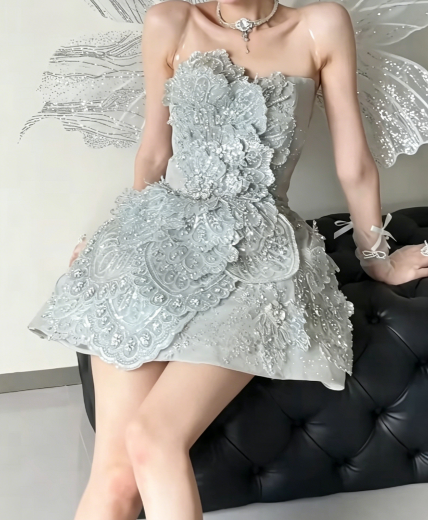 Glittering Strapless Silver Homecoming Dress Beaded A-Line Birthday Dress GG6432