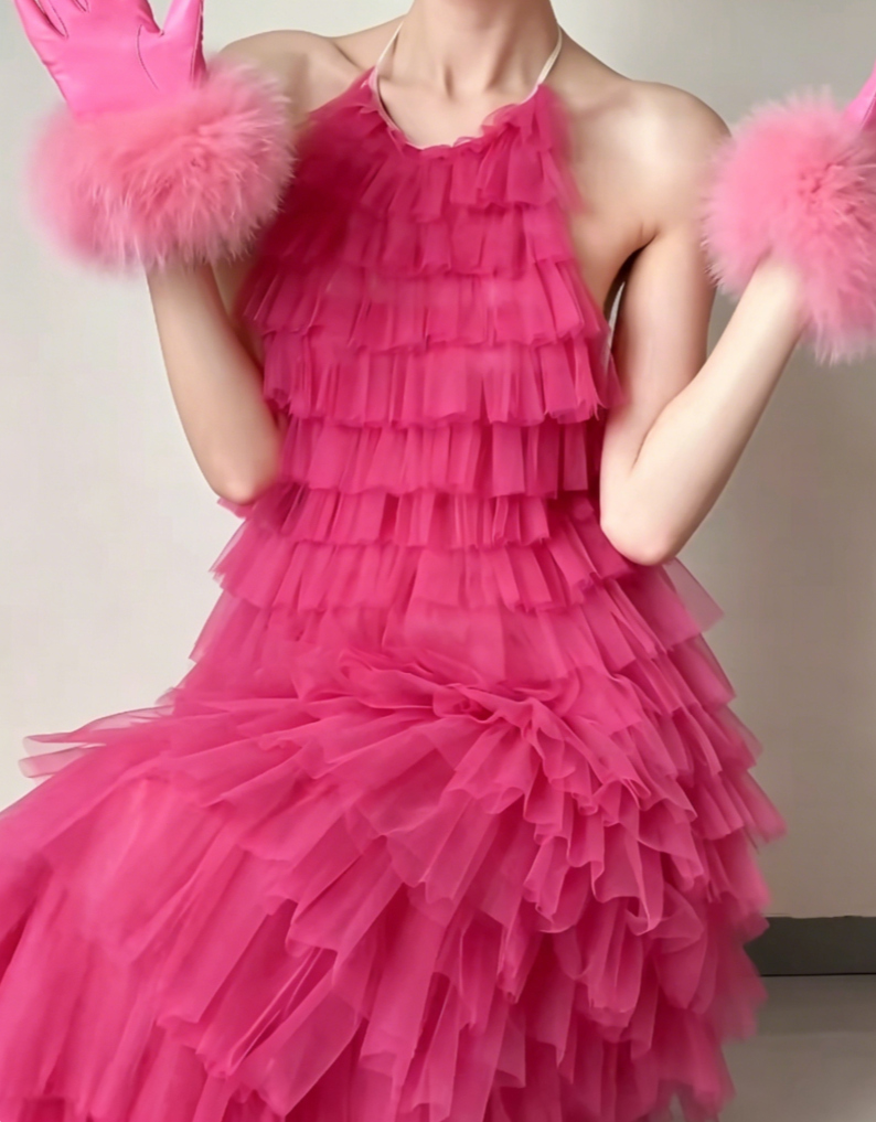 Playful Halter Neck Hot Pink Prom Dress Tiered Tulle Backless A-Line Evening Dress GG6433