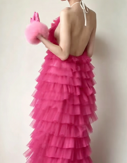 Playful Halter Neck Hot Pink Prom Dress Tiered Tulle Backless A-Line Evening Dress GG6433