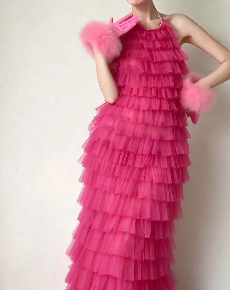 Playful Halter Neck Hot Pink Prom Dress Tiered Tulle Backless A-Line Evening Dress GG6433