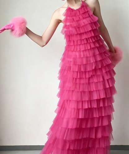 Playful Halter Neck Hot Pink Prom Dress Tiered Tulle Backless A-Line Evening Dress GG6433
