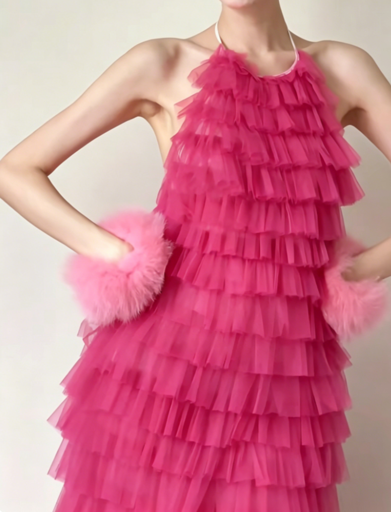 Playful Halter Neck Hot Pink Prom Dress Tiered Tulle Backless A-Line Evening Dress GG6433