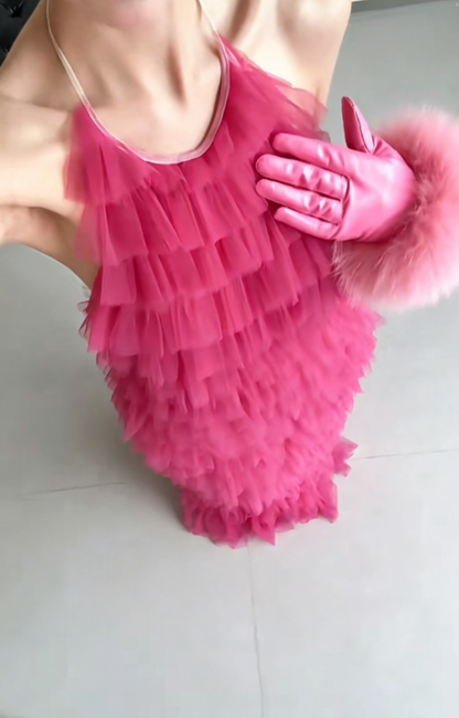 Playful Halter Neck Hot Pink Prom Dress Tiered Tulle Backless A-Line Evening Dress GG6433