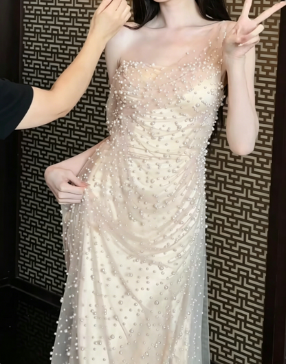 Attractive Asymmetric Neck Ivory Prom Dress Beads Sheath Evening Dress GG6434