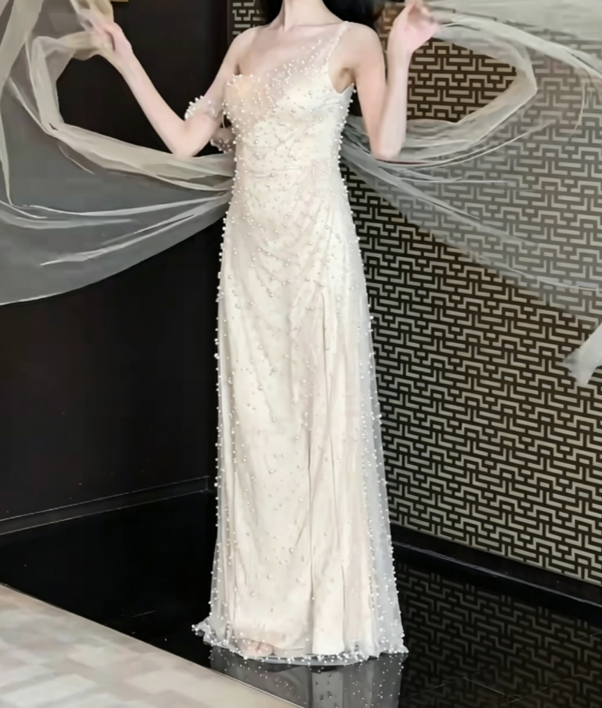 Attractive Asymmetric Neck Ivory Prom Dress Beads Sheath Evening Dress GG6434