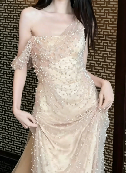 Attractive Asymmetric Neck Ivory Prom Dress Beads Sheath Evening Dress GG6434