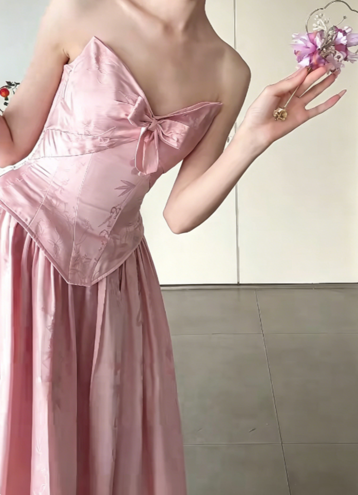 Sweet Strapless Pink Prom Dress Jacquard Bow A-Line Evening Dress GG6436