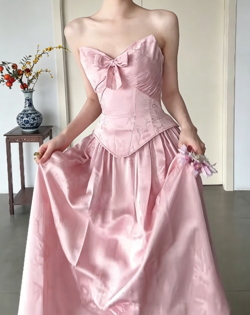 Sweet Strapless Pink Prom Dress Jacquard Bow A-Line Evening Dress GG6436