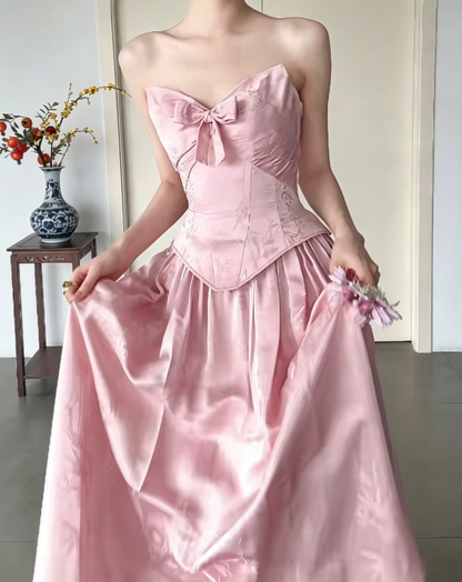 Sweet Strapless Pink Prom Dress Jacquard Bow A-Line Evening Dress GG6436