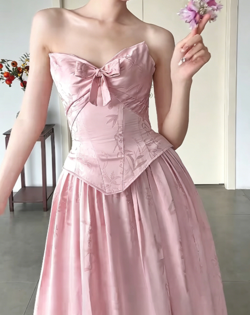 Sweet Strapless Pink Prom Dress Jacquard Bow A-Line Evening Dress GG6436