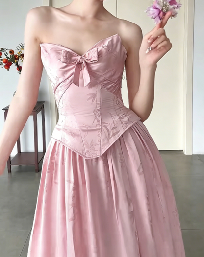 Sweet Strapless Pink Prom Dress Jacquard Bow A-Line Evening Dress GG6436