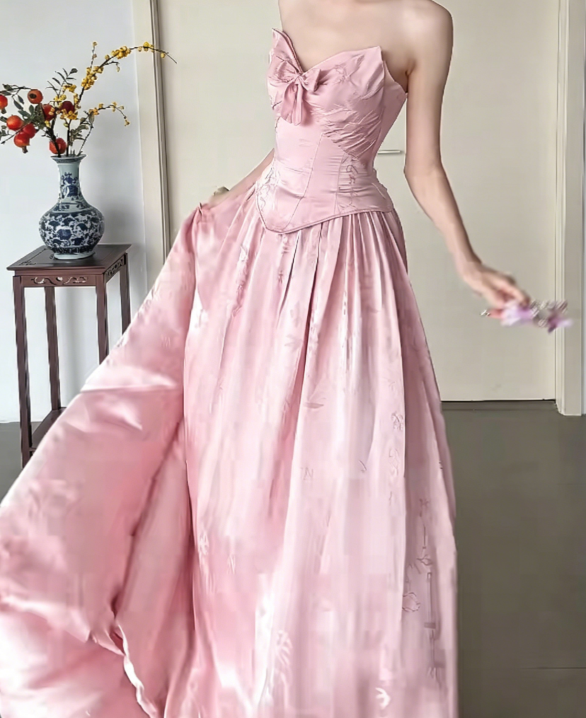 Sweet Strapless Pink Prom Dress Jacquard Bow A-Line Evening Dress GG6436