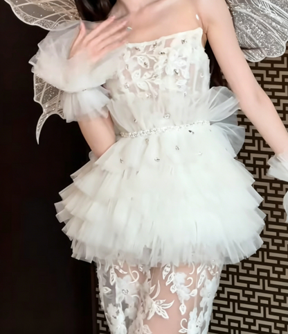 Trendy Strapless Slit Wedding Dress Crystals Tulle Sheath Bridal Dress GG6440