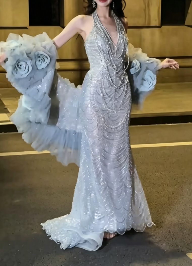 Romantic Halter Neck Blue Prom Dress Sequins Beading Mermaid Evening Dress GG6442