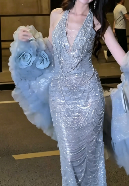 Romantic Halter Neck Blue Prom Dress Sequins Beading Mermaid Evening Dress GG6442