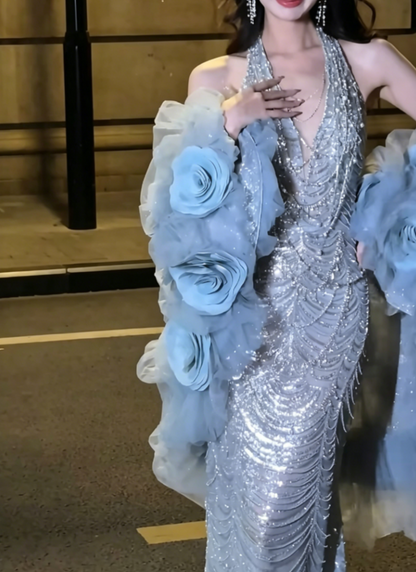 Romantic Halter Neck Blue Prom Dress Sequins Beading Mermaid Evening Dress GG6442