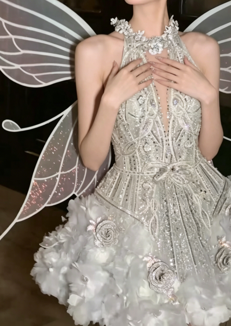 Trendy Halter Neck White Homecoming Dress Sequins Appliques A-Line Birthday Dress GG6443