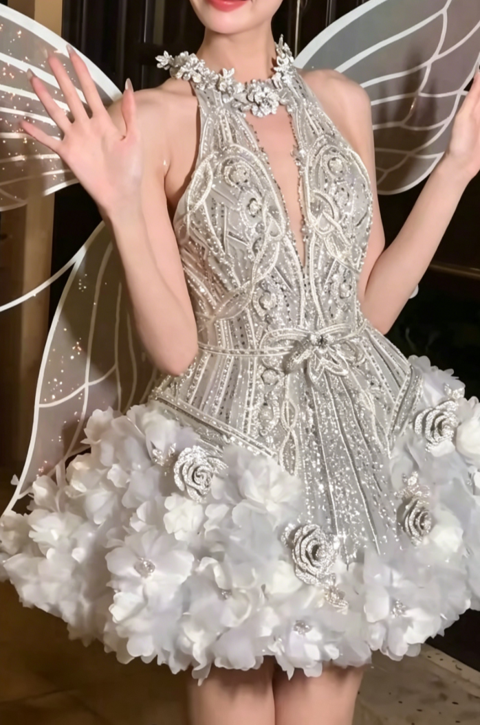 Trendy Halter Neck White Homecoming Dress Sequins Appliques A-Line Birthday Dress GG6443