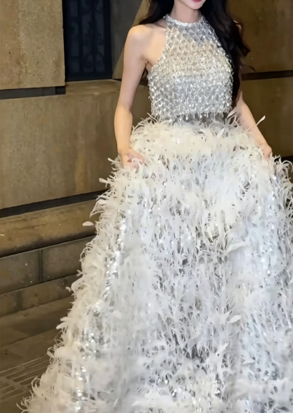 Luxurious Halter Neck Silver Prom Dress Sequins Feather A-Line Evening Dress GG6444