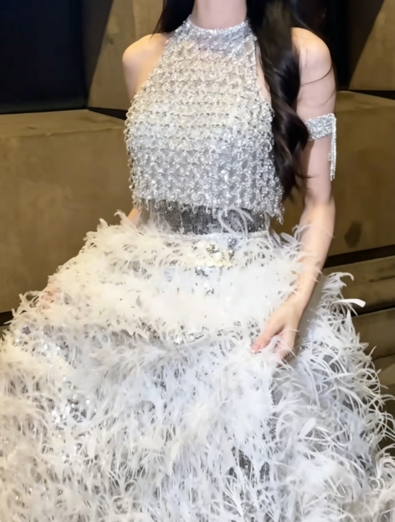 Luxurious Halter Neck Silver Prom Dress Sequins Feather A-Line Evening Dress GG6444