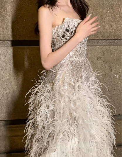 Charming Strapless Slit Silver Prom Dress Sequins Rhinestones Feather A-Line Evening Dress GG6447