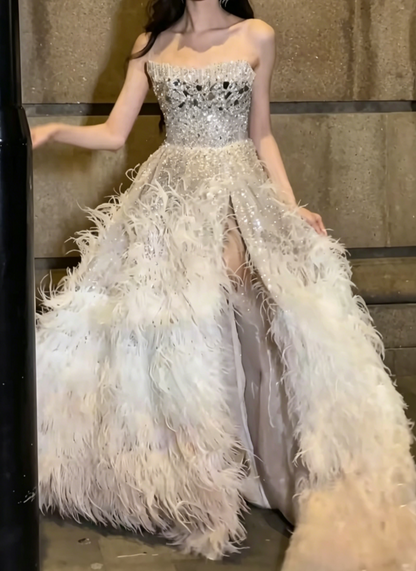 Charming Strapless Slit Silver Prom Dress Sequins Rhinestones Feather A-Line Evening Dress GG6447