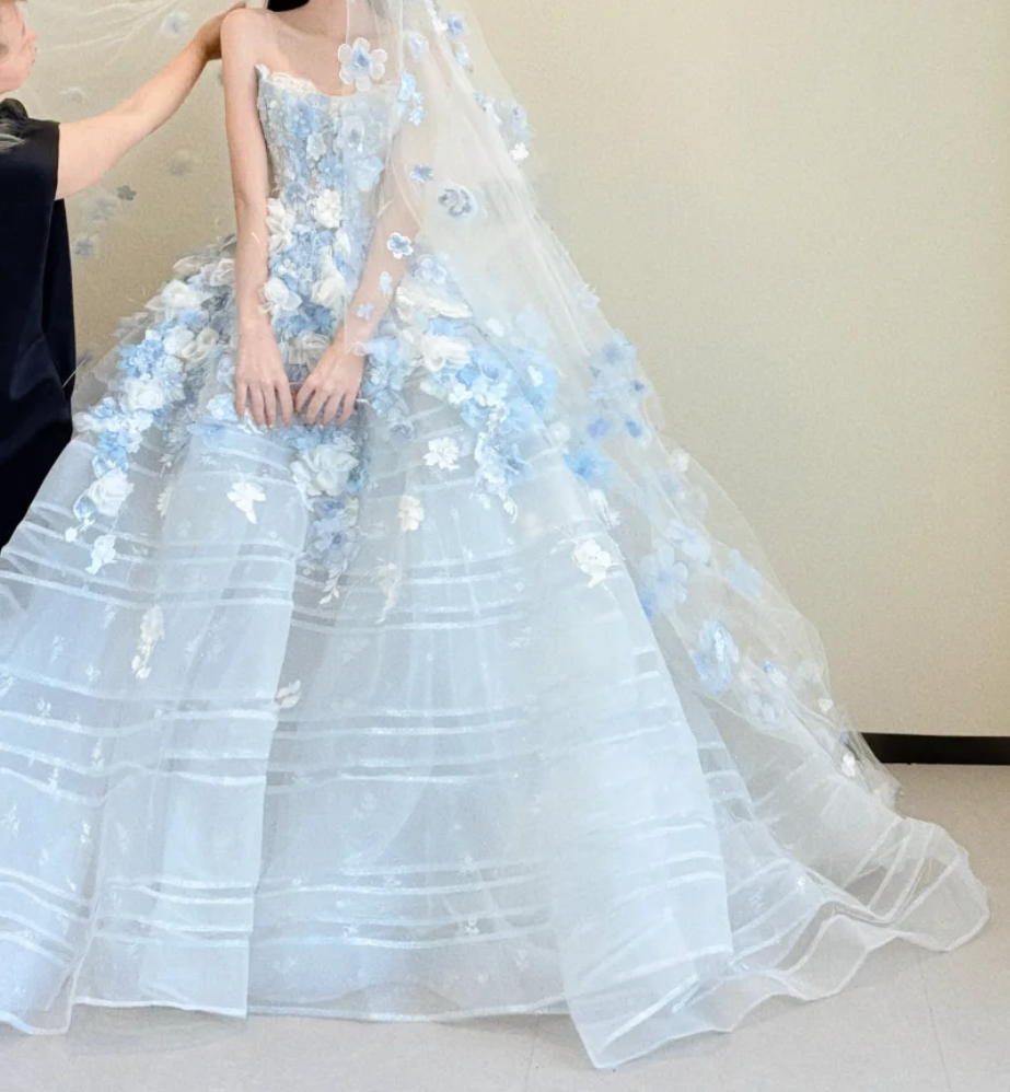 Romantic Strapless Blue Prom Dress Appliques Tulle A-Line Evening Dress GG6448