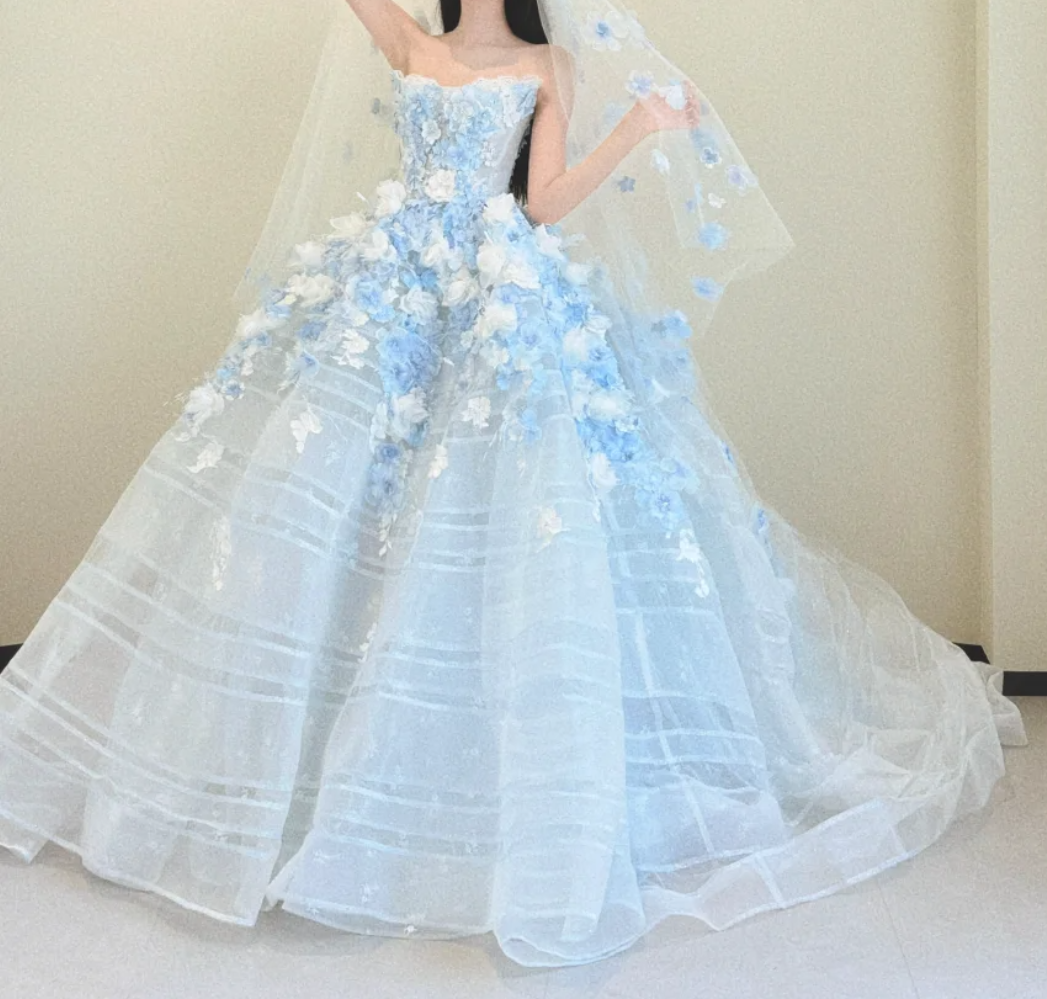 Romantic Strapless Blue Prom Dress Appliques Tulle A-Line Evening Dress GG6448