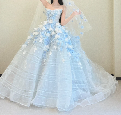 Romantic Strapless Blue Prom Dress Appliques Tulle A-Line Evening Dress GG6448
