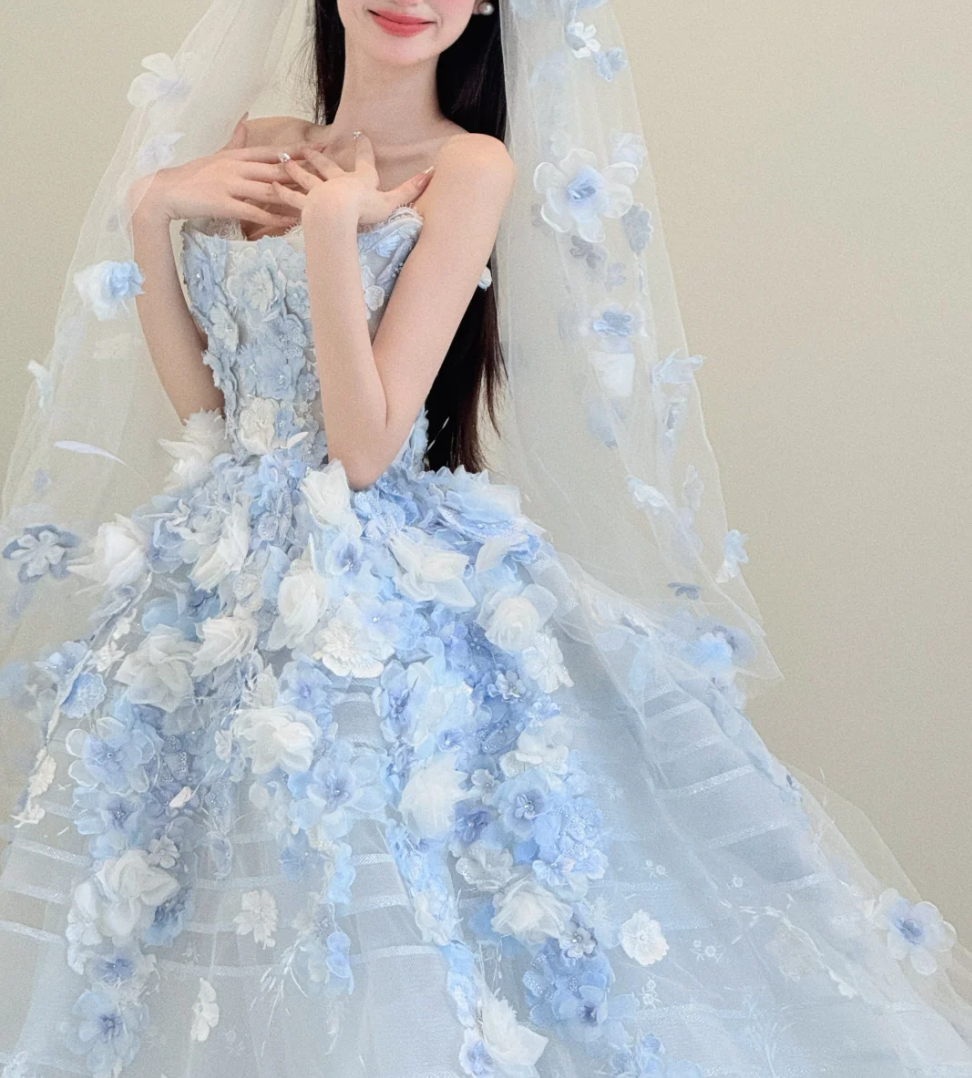 Romantic Strapless Blue Prom Dress Appliques Tulle A-Line Evening Dress GG6448