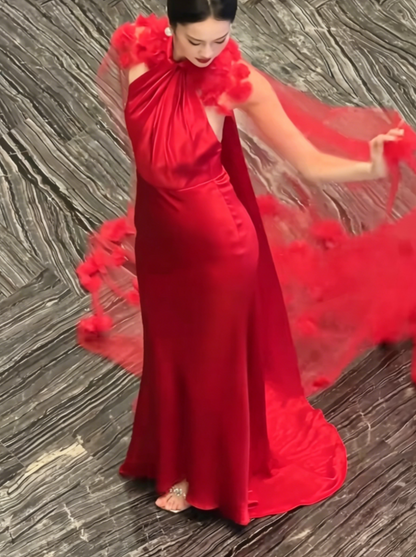 Classical Halter Neck Red Prom Dress Satin Mermaid Evening Dress GG6453
