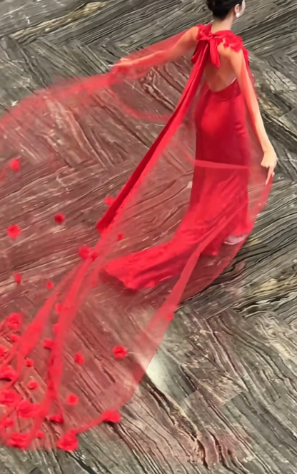 Classical Halter Neck Red Prom Dress Satin Mermaid Evening Dress GG6453