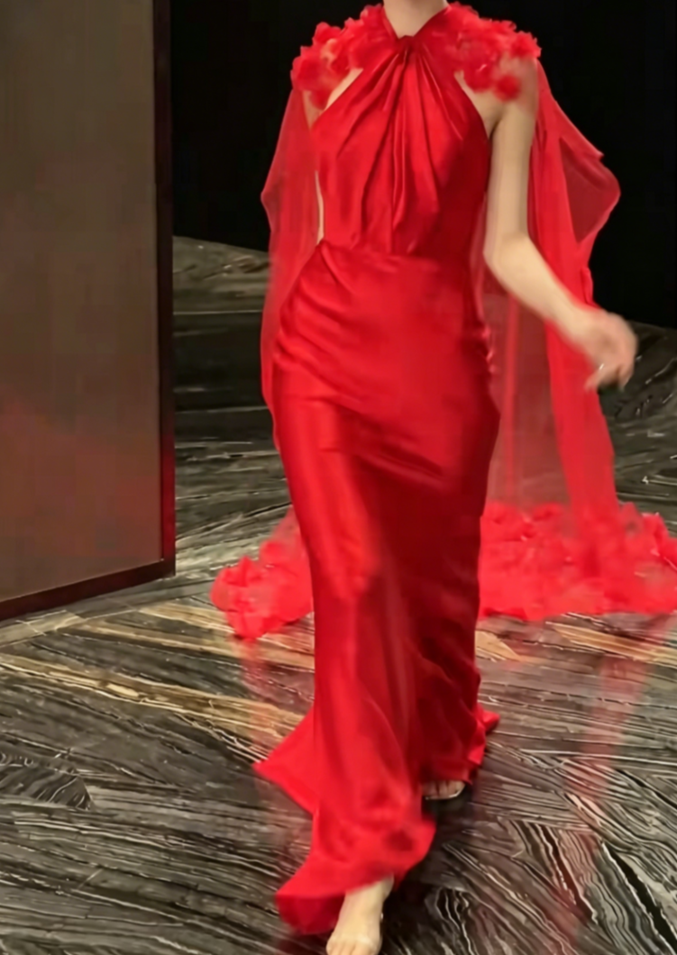 Classical Halter Neck Red Prom Dress Satin Mermaid Evening Dress GG6453