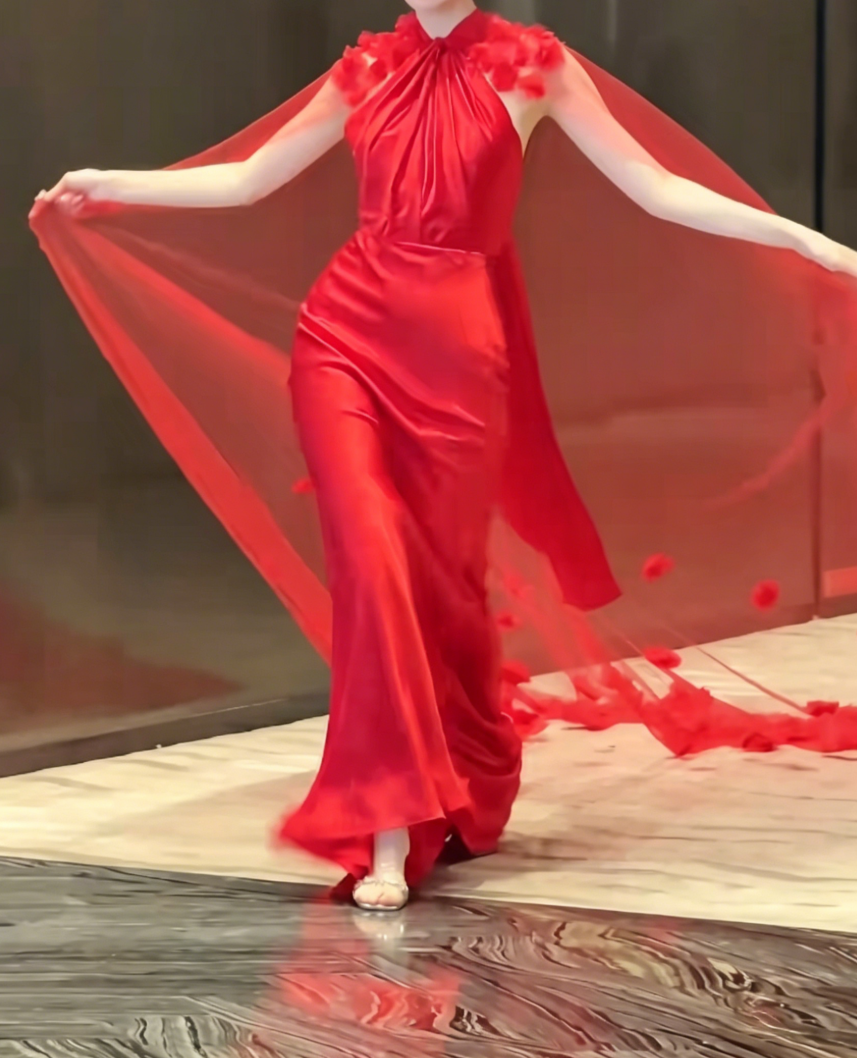 Classical Halter Neck Red Prom Dress Satin Mermaid Evening Dress GG6453