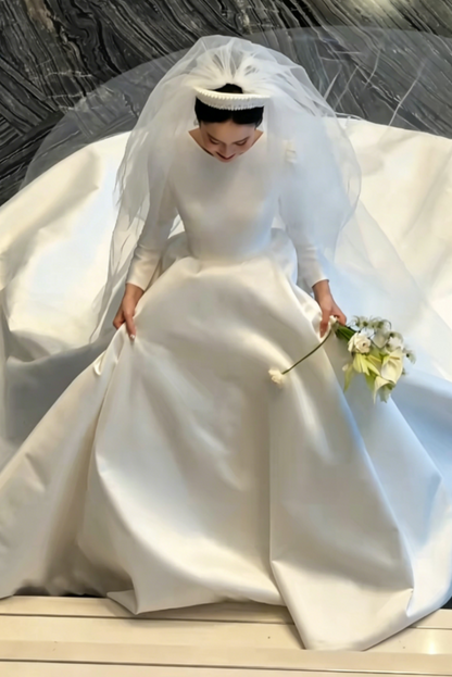 Simple Satin Wedding Dress Long Sleeve A-Line Bridal Dress GG6456