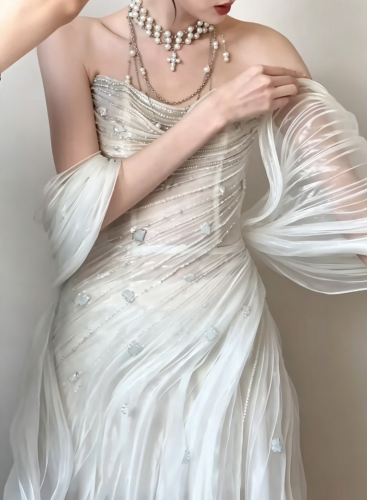 Ornate Strapless Beading Wedding Dress Tulle Mermaid Bridal Dress GG6462