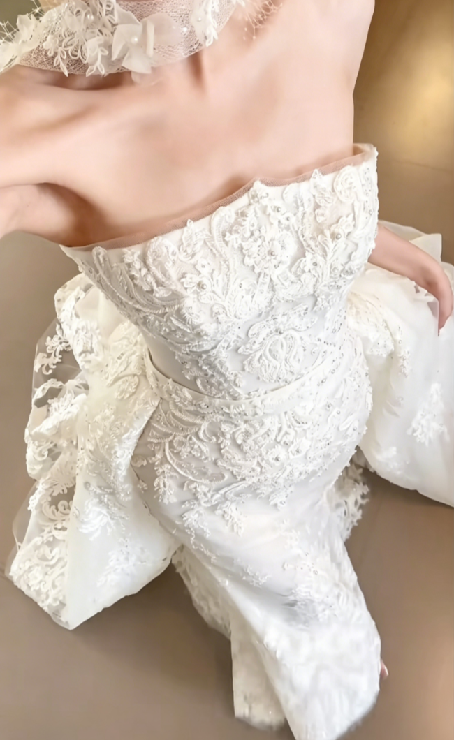 Classical Strapless Lace Wedding Dress With Scarf Sequins Mermiad Bridal Dress GG6473