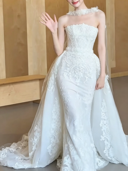 Classical Strapless Lace Wedding Dress With Scarf Sequins Mermiad Bridal Dress GG6473
