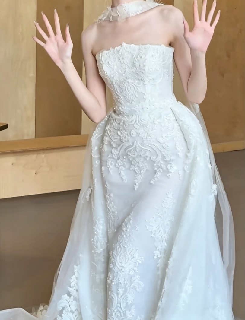 Classical Strapless Lace Wedding Dress With Scarf Sequins Mermiad Bridal Dress GG6473