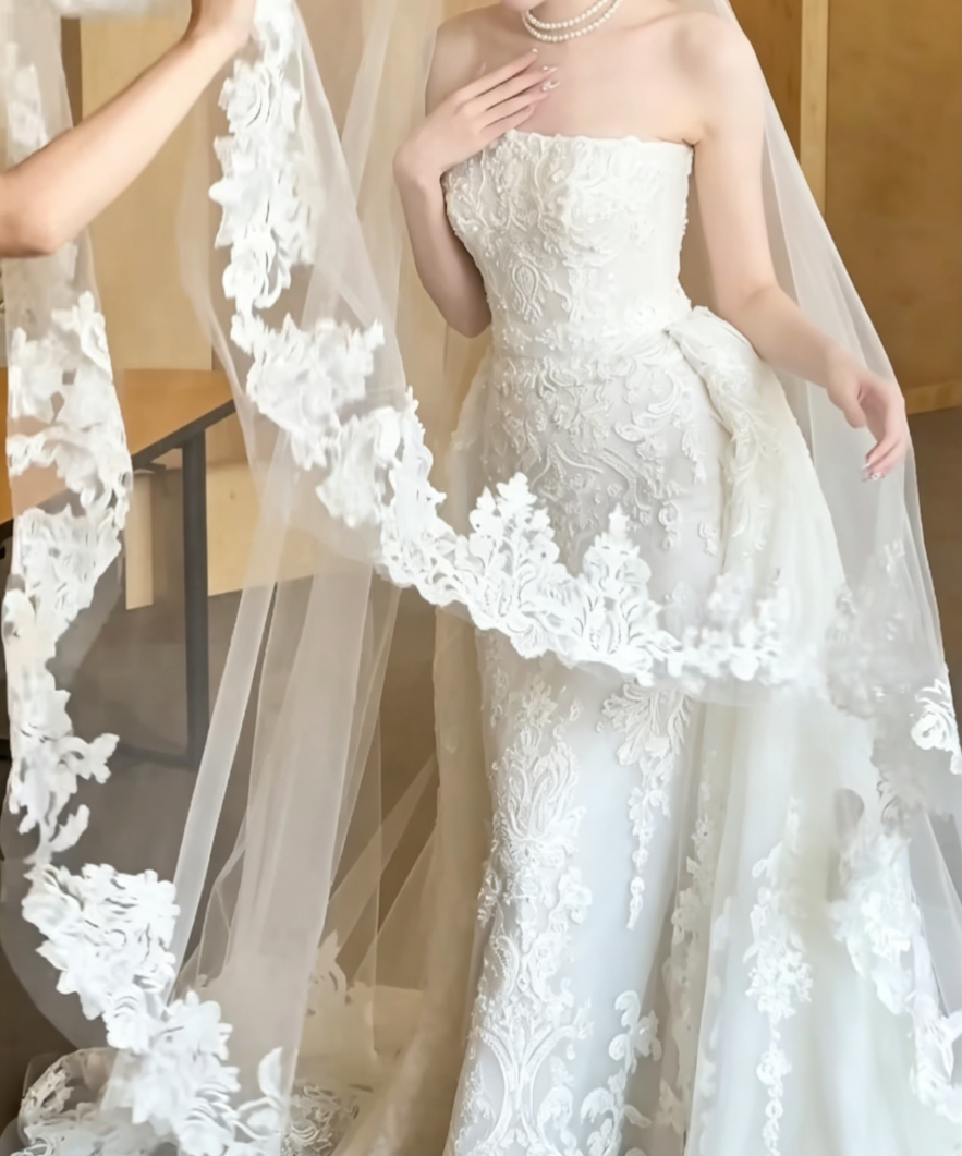Classical Strapless Lace Wedding Dress With Scarf Sequins Mermiad Bridal Dress GG6473