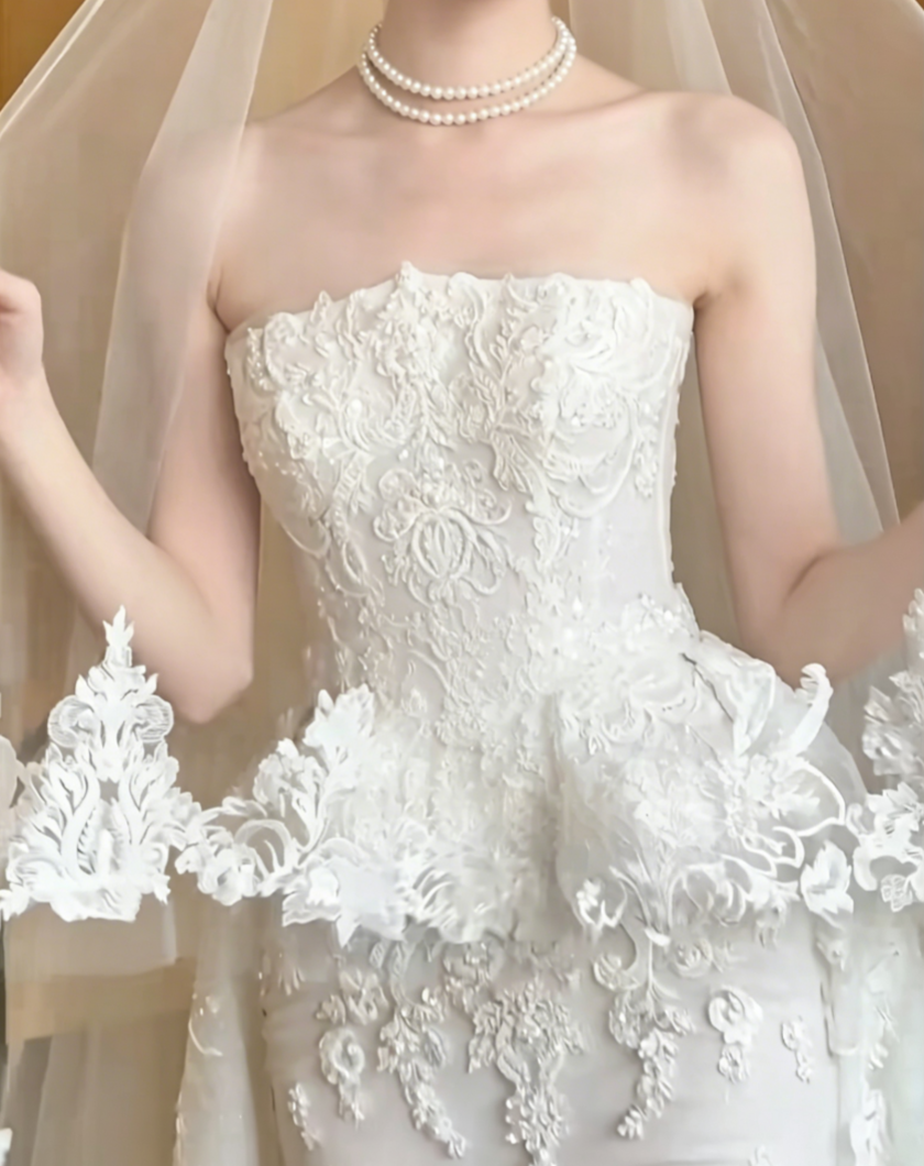 Classical Strapless Lace Wedding Dress With Scarf Sequins Mermiad Bridal Dress GG6473