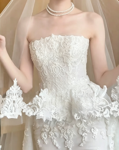 Classical Strapless Lace Wedding Dress With Scarf Sequins Mermiad Bridal Dress GG6473