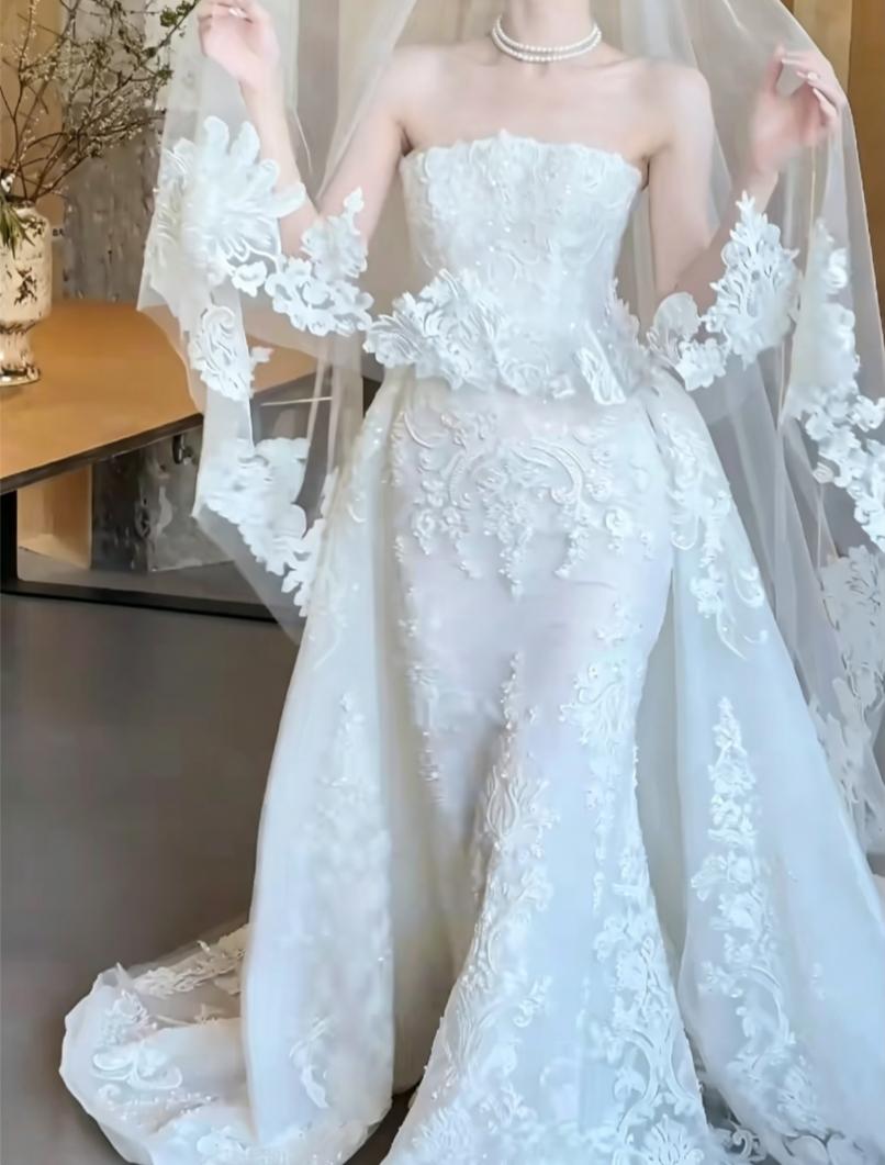 Classical Strapless Lace Wedding Dress With Scarf Sequins Mermiad Bridal Dress GG6473