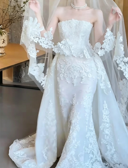 Classical Strapless Lace Wedding Dress With Scarf Sequins Mermiad Bridal Dress GG6473