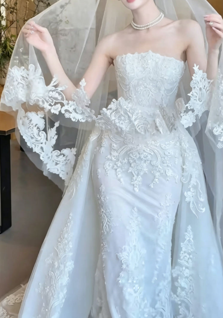 Classical Strapless Lace Wedding Dress With Scarf Sequins Mermiad Bridal Dress GG6473