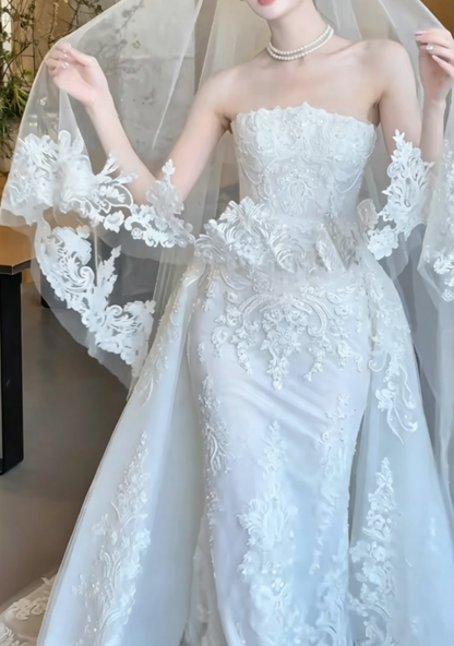 Classical Strapless Lace Wedding Dress With Scarf Sequins Mermiad Bridal Dress GG6473