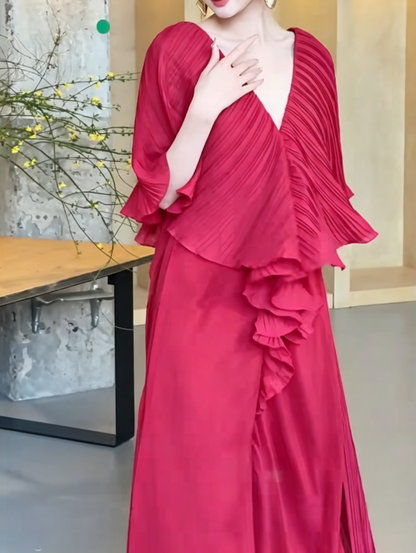 Ornate High Slit Red Prom Dress Pleated A-Line Evening Dress GG6477