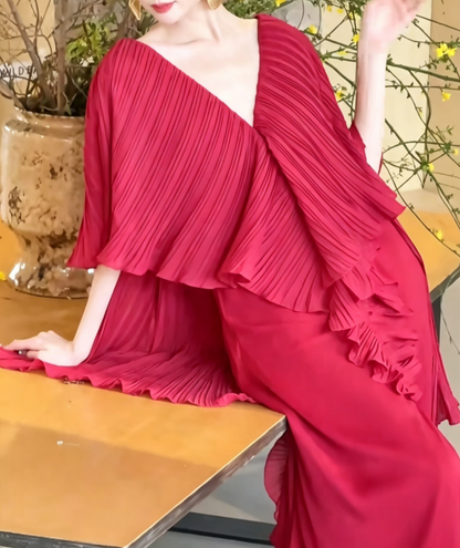 Ornate High Slit Red Prom Dress Pleated A-Line Evening Dress GG6477